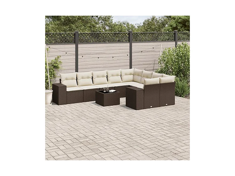 Salon de jardin 10 pcs avec coussins marron résine tressée