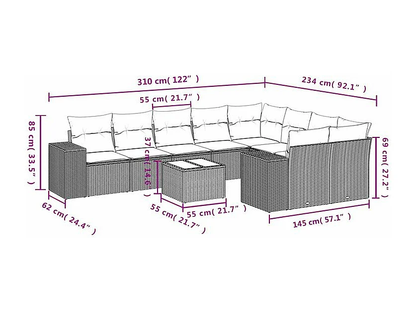 Salon de jardin 10 pcs avec coussins marron résine tressée