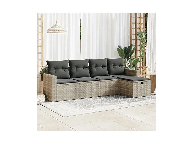 Salon de jardin 5 pcs avec coussins gris clair résine tressée