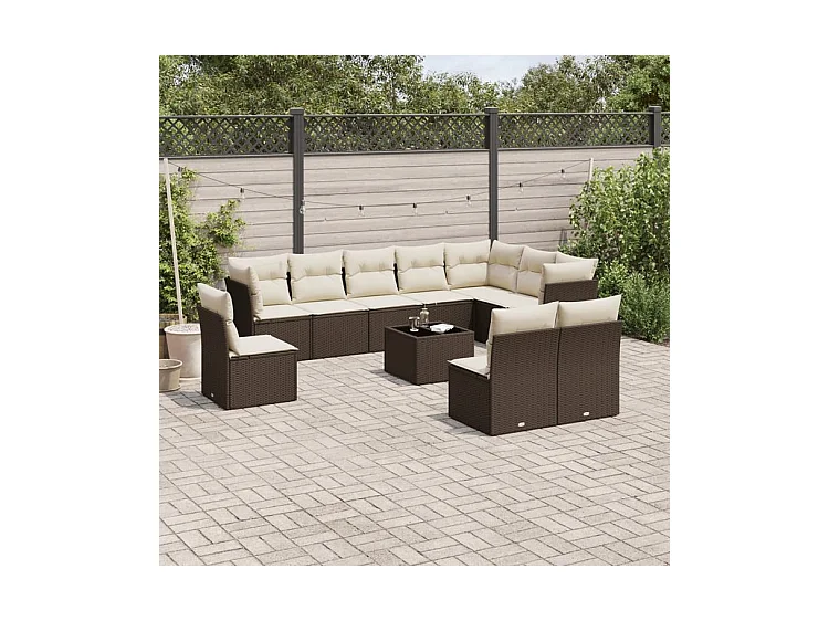 Salon de jardin et coussins 11 pcs marron résine tressée
