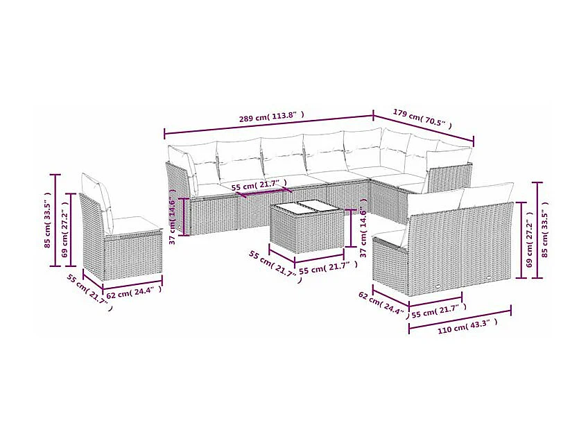 Salon de jardin et coussins 11 pcs marron résine tressée