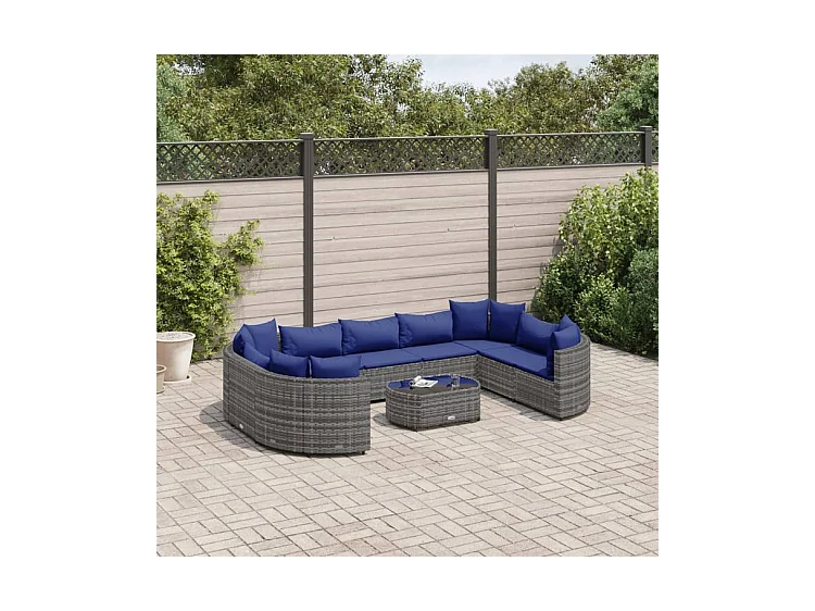 Salon de jardin avec coussins 10 pcs gris résine tressée