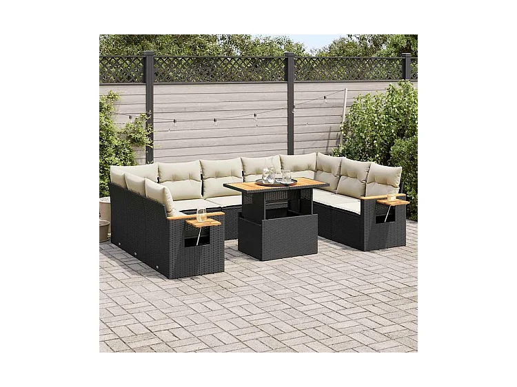 Salon de jardin 10 pcs avec coussins noir résine tressée acacia