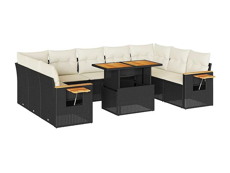 Salon de jardin 10 pcs avec coussins noir résine tressée acacia