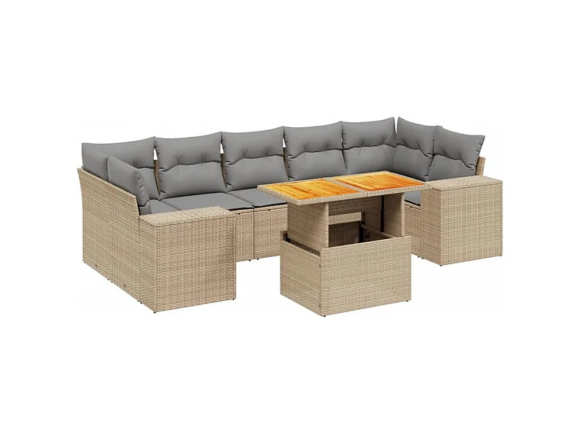 Salon de jardin avec coussins 8 pcs beige résine tressée