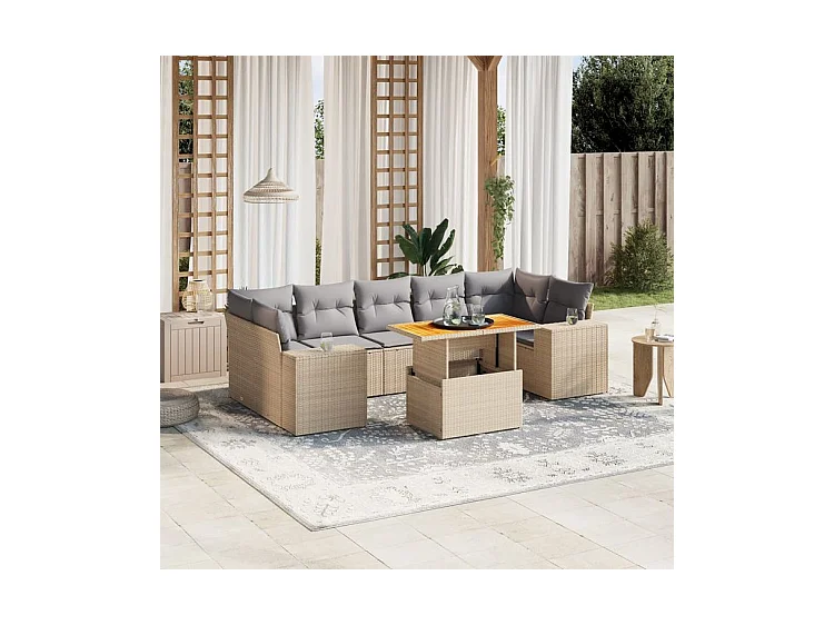 Salon de jardin avec coussins 8 pcs beige résine tressée