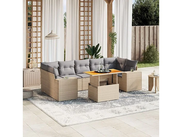 Salon de jardin avec coussins 8 pcs beige résine tressée