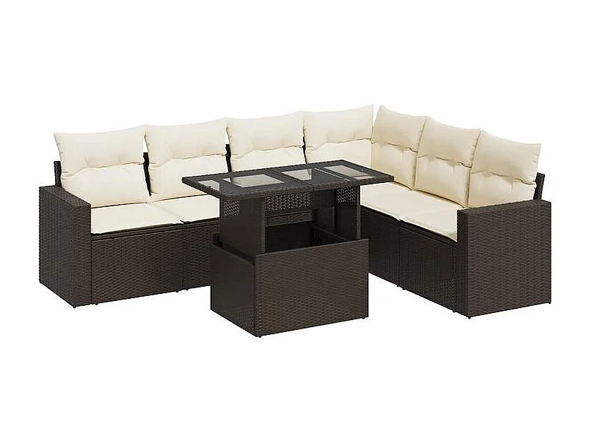 Salon de jardin avec coussins 7 pcs marron résine tressée