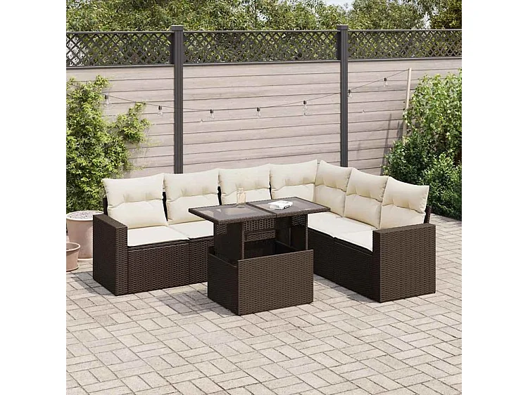 Salon de jardin avec coussins 7 pcs marron résine tressée