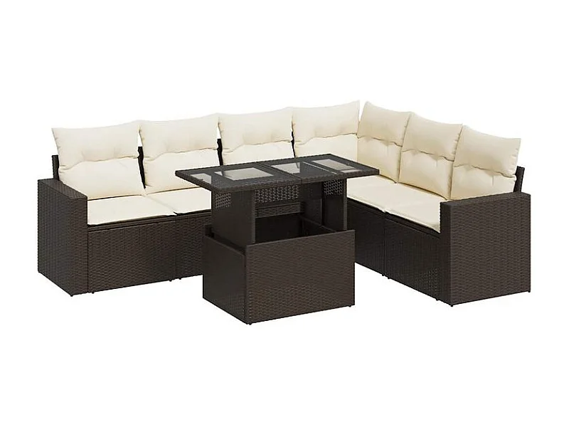 Salon de jardin avec coussins 7 pcs marron résine tressée