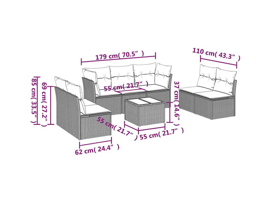 Salon de jardin avec coussins 8 pcs beige résine tressée