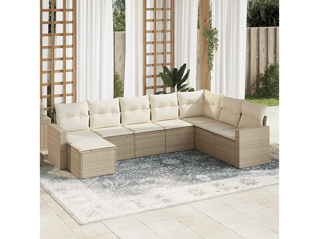 Salon de jardin avec coussins 8 pcs beige résine tressée