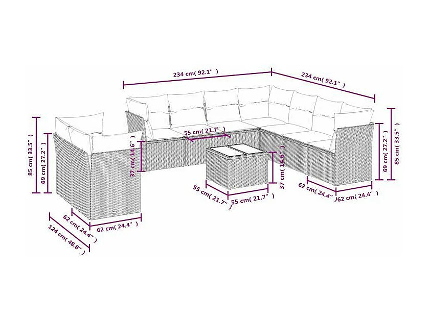 Salon de jardin 10 pcs avec coussins marron résine tressée