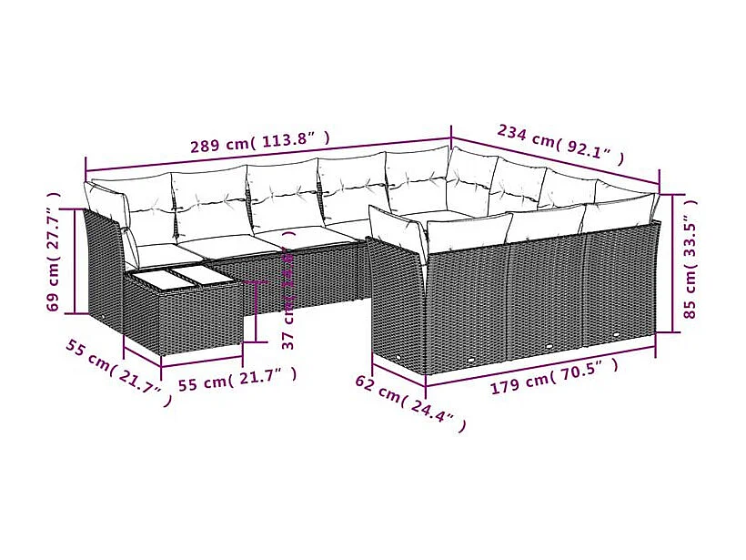 Salon de jardin 11 pcs avec coussins gris clair résine tressée