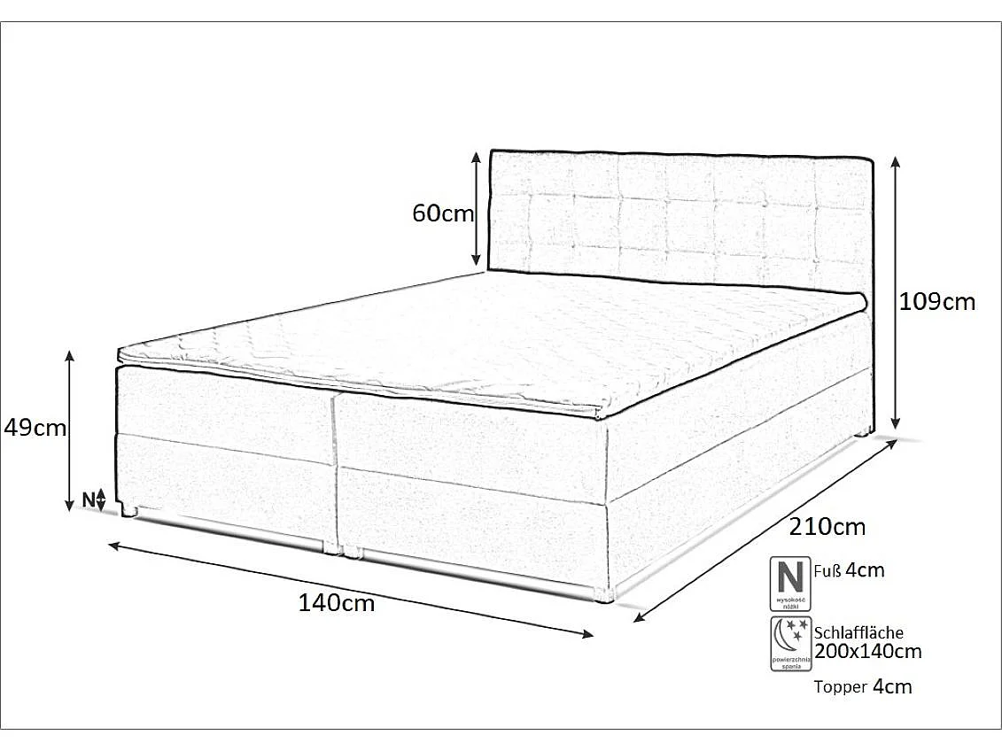 Lit à sommier tapissier MALMO avec surmatelas, deux sommiers, matelas, lit double, lit rembourré 140 x 200 cm, bleu