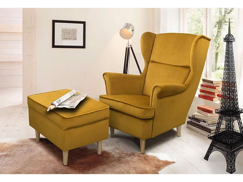 Ohrensessel Teramo mit Hocker bequemer Sessel Wohnung Relaxsessel  ( Kronos 01 - gelb)