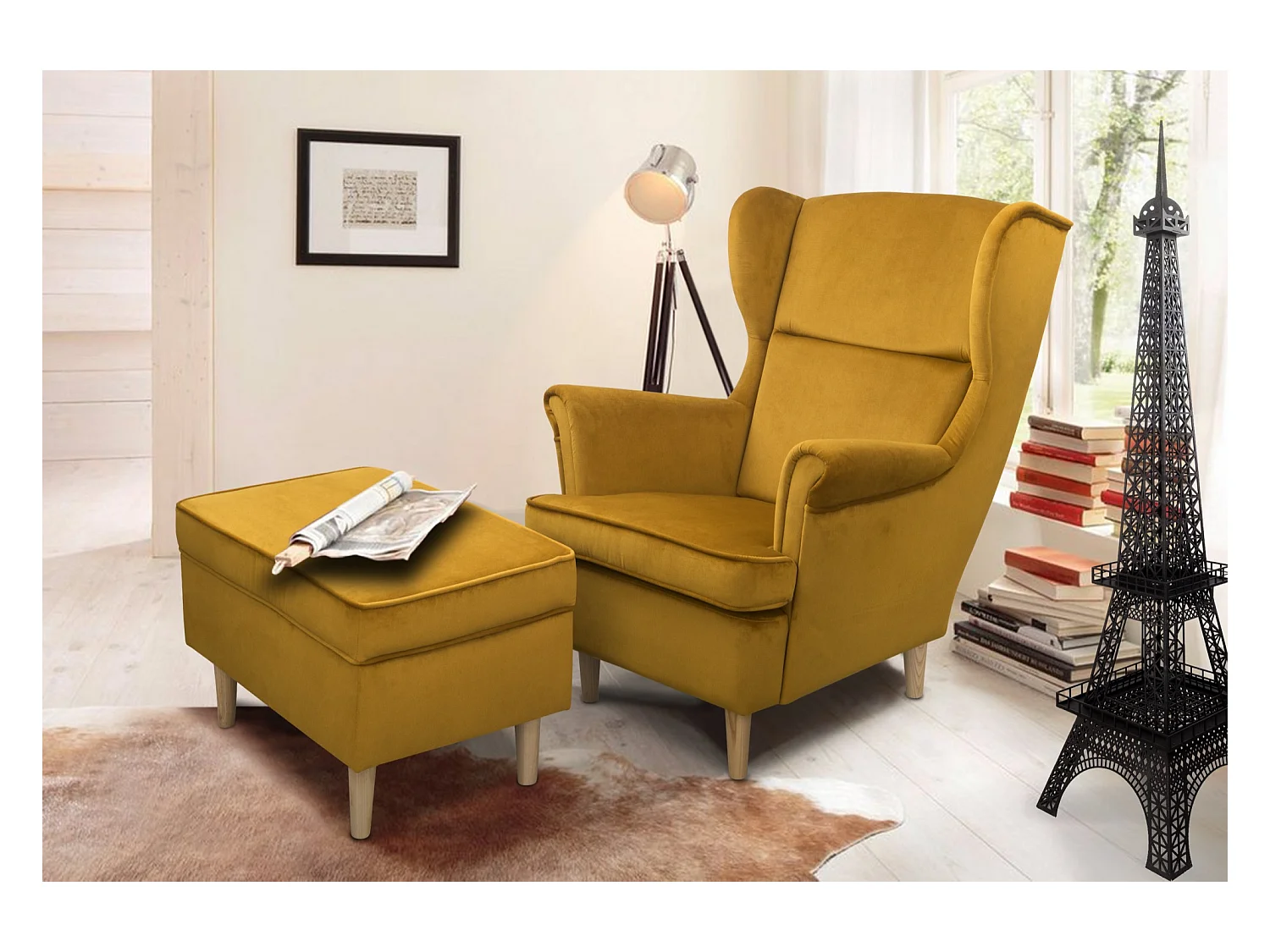 Ohrensessel Teramo mit Hocker bequemer Sessel Wohnung Relaxsessel  ( Kronos 01 - gelb)