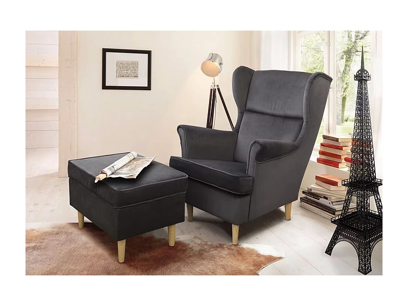 Ohrensessel Teramo mit Hocker bequemer Sessel Wohnung Relaxsessel (Kronos 22 - grau)