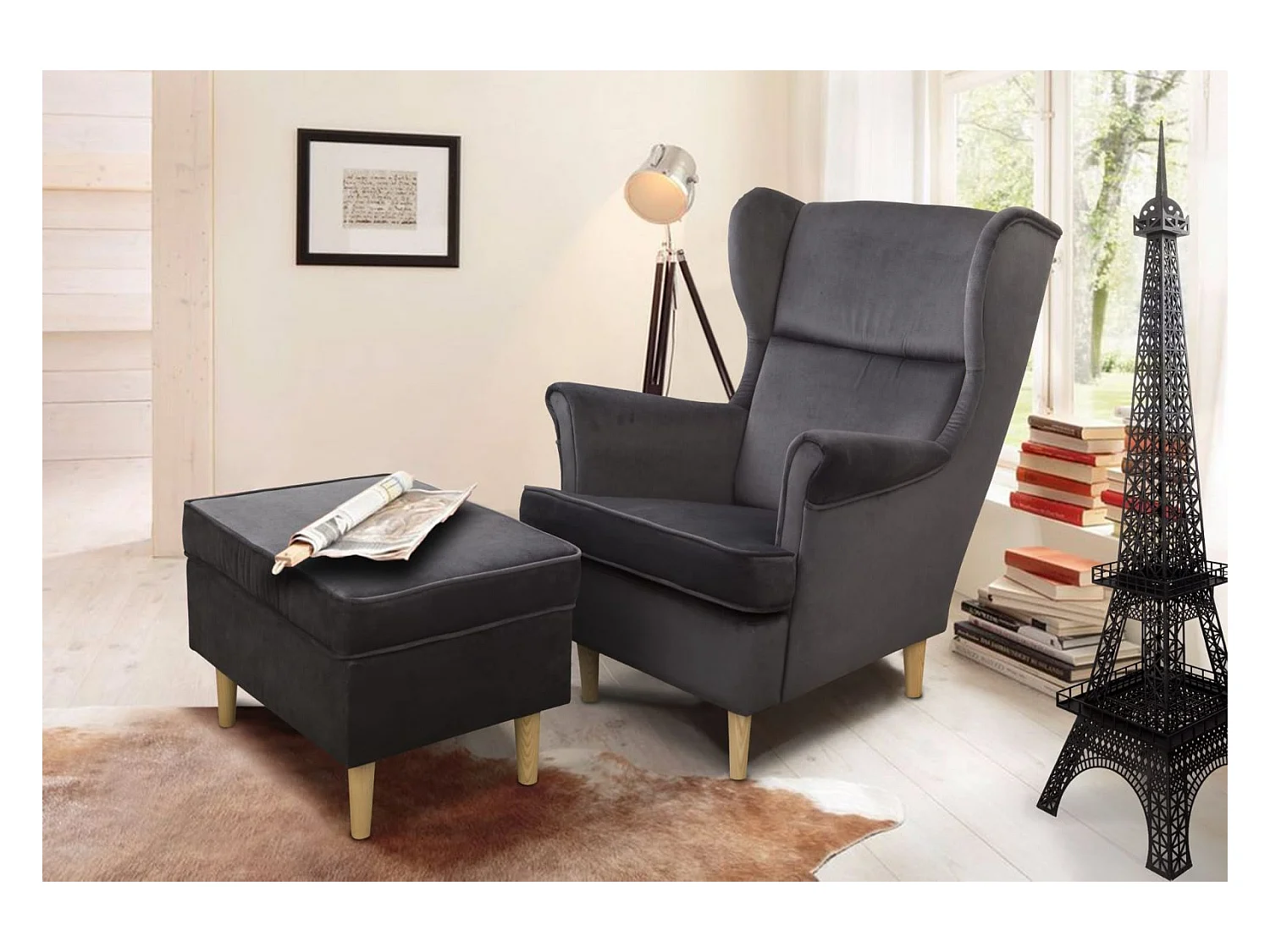 Ohrensessel Teramo mit Hocker bequemer Sessel Wohnung Relaxsessel (Kronos 22 - grau)