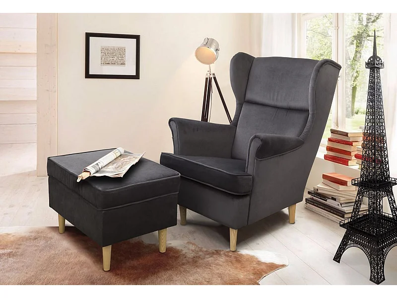 Ohrensessel Teramo mit Hocker bequemer Sessel Wohnung Relaxsessel (Kronos 22 - grau)