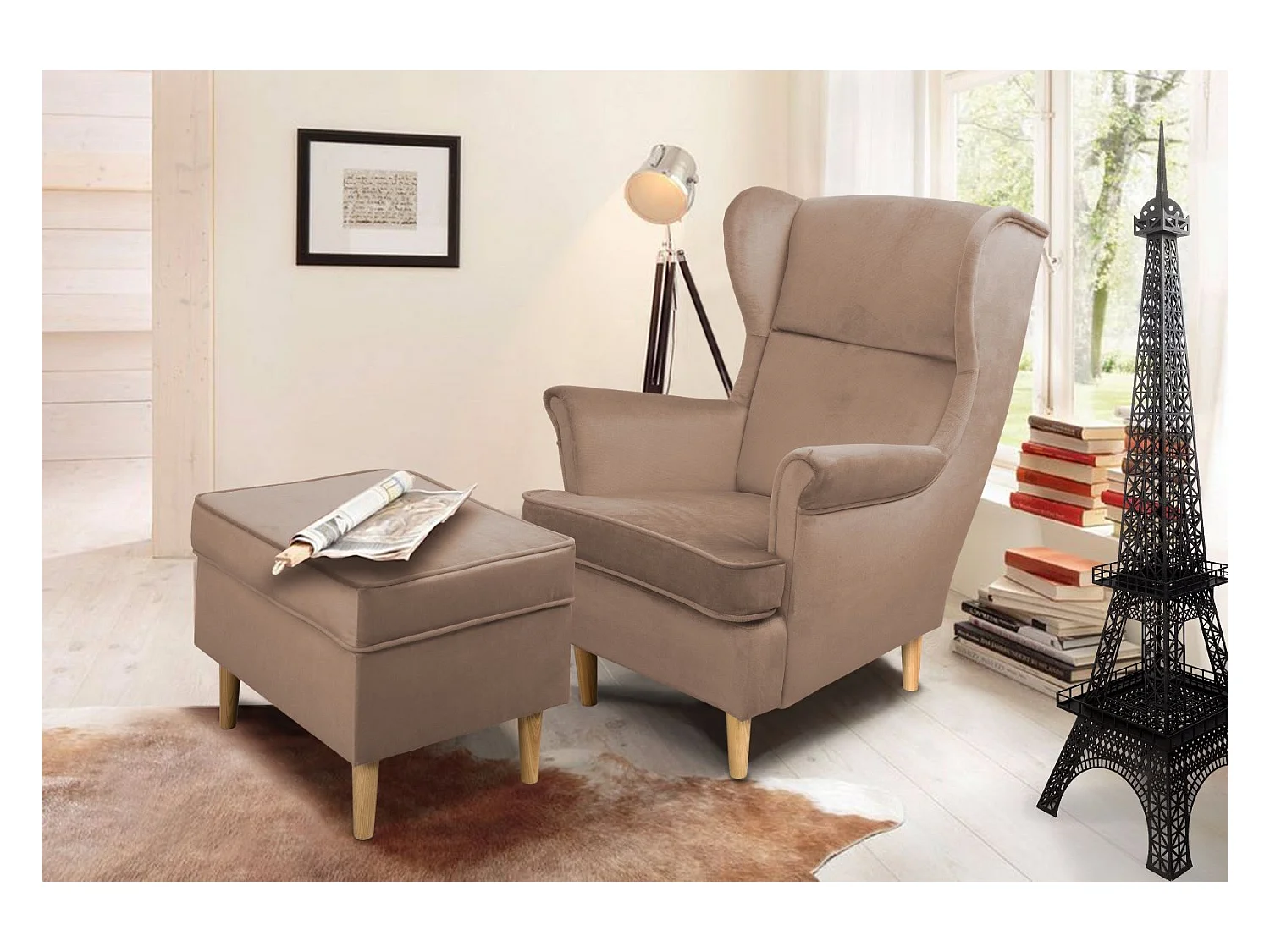 Ohrensessel Teramo mit Hocker Hocker bequemer Sessel Wohnung Relaxsessel  (Kronos 27 - rosa)