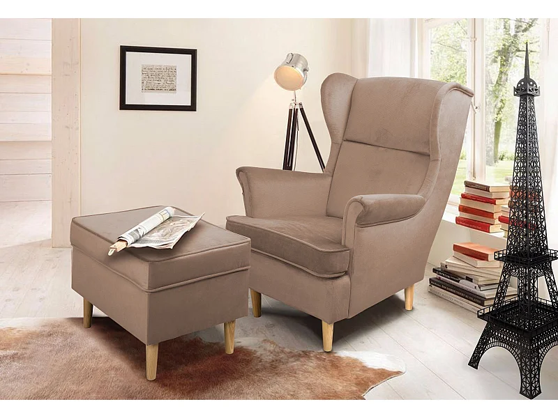 Ohrensessel Teramo mit Hocker Hocker bequemer Sessel Wohnung Relaxsessel  (Kronos 27 - rosa)