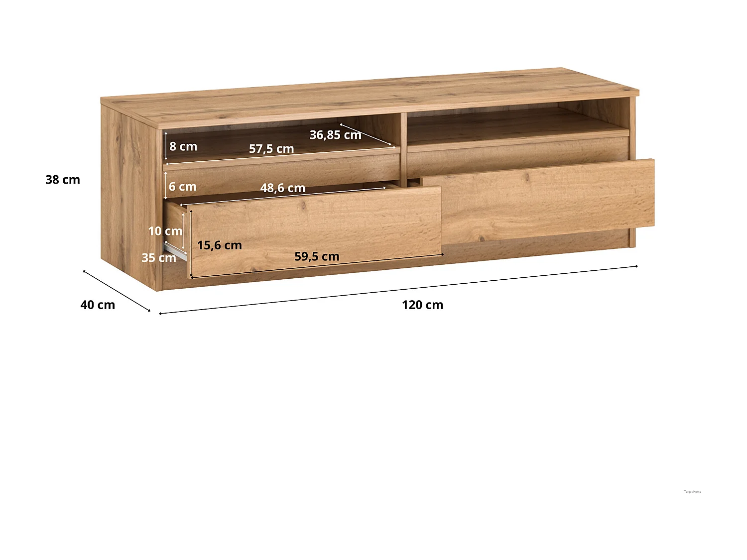 TV-Schrank LALA 120W, Fernsehschrank 2 Schubladen 120 cm (wotan)