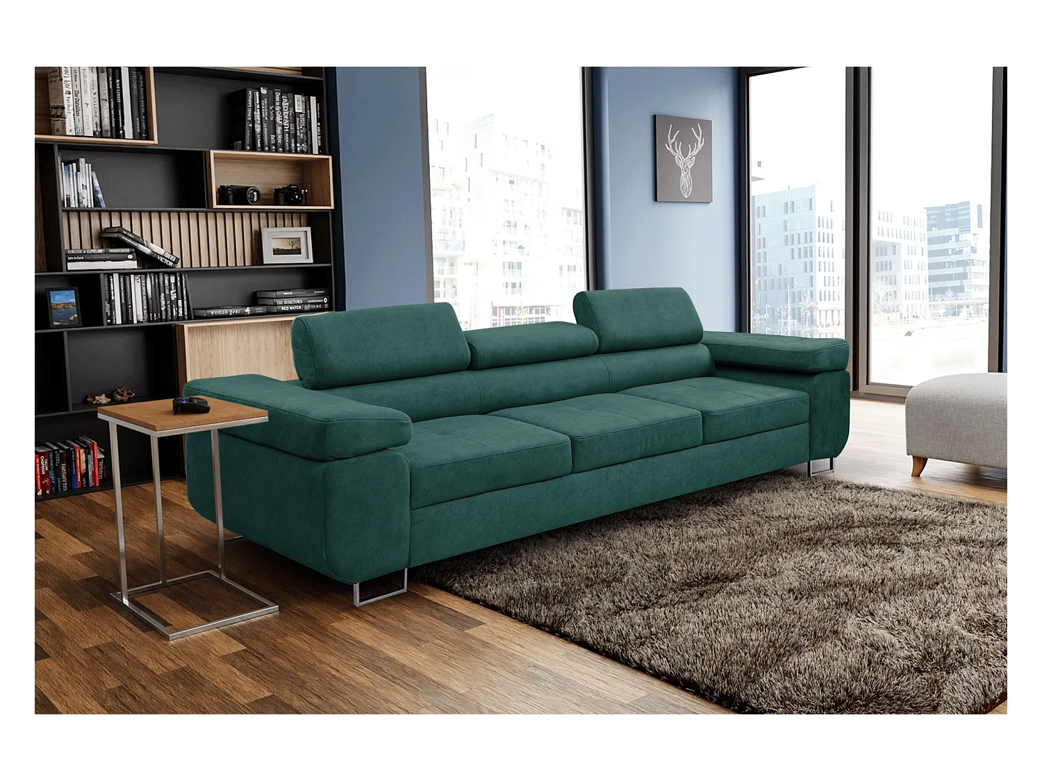 Couch Marlene mit verstellbaren Kopfstützen 274 x 97 cm, Schlaffunktion Wohnzimmersofa 3 Sitzer Freistehendes Polstersofa Sofa, grün