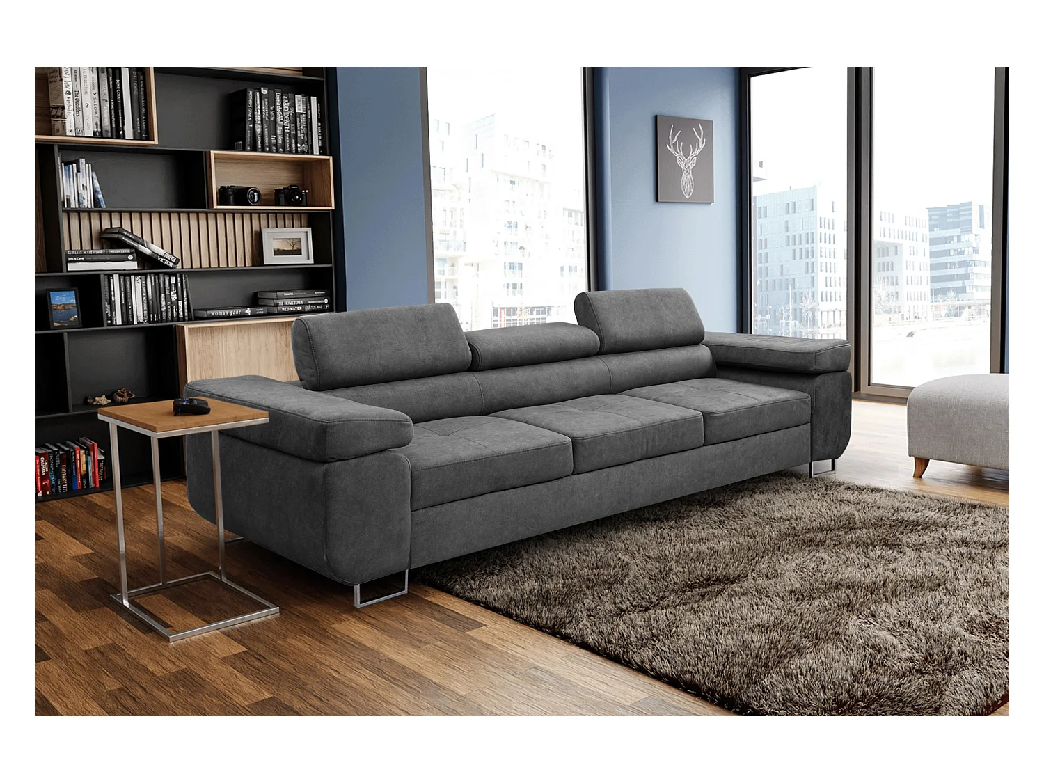 Couch Marlene mit verstellbaren Kopfstützen 274 x 97 cm, Schlaffunktion Wohnzimmersofa 3 Sitzer Freistehendes Polstersofa Sofa, grau