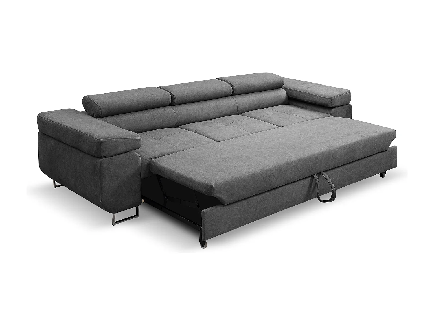 Couch Marlene mit verstellbaren Kopfstützen 274 x 97 cm, Schlaffunktion Wohnzimmersofa 3 Sitzer Freistehendes Polstersofa Sofa, grau