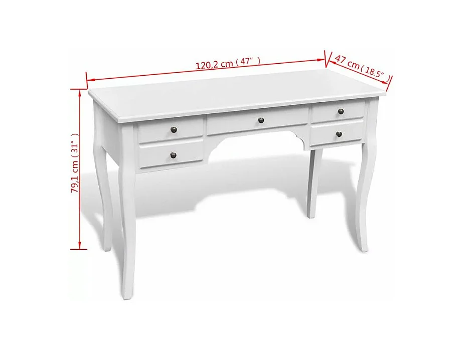 Bureau 5 tiroirs bois et pin massif blanc Blush