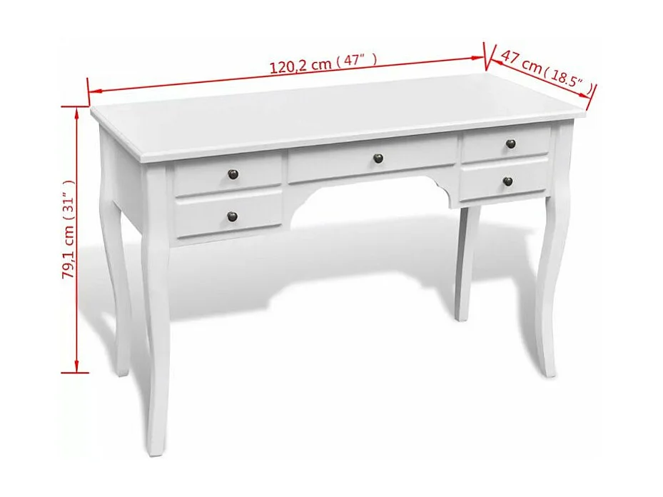 Bureau 5 tiroirs bois et pin massif blanc Blush