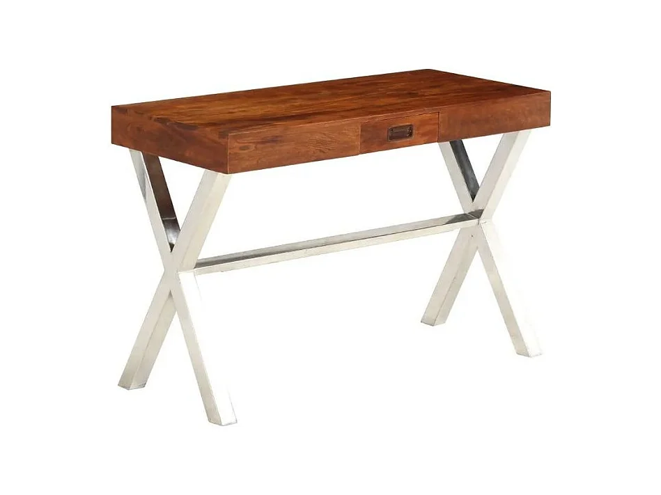 Bureau 1 tiroir acacia massif laqué métal argenté Valdy