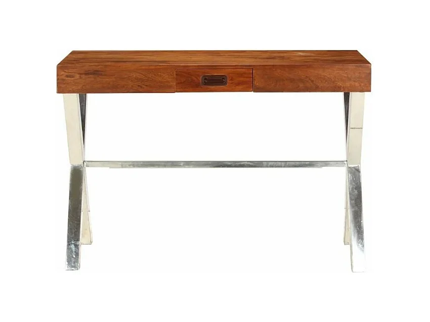 Bureau 1 tiroir acacia massif laqué métal argenté Valdy