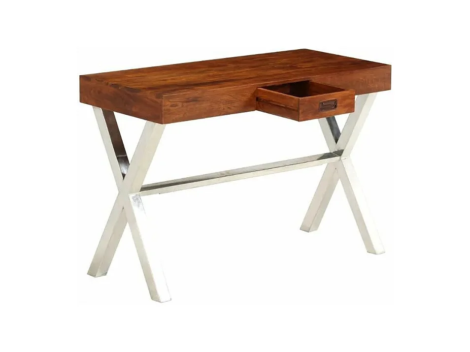 Bureau 1 tiroir acacia massif laqué métal argenté Valdy