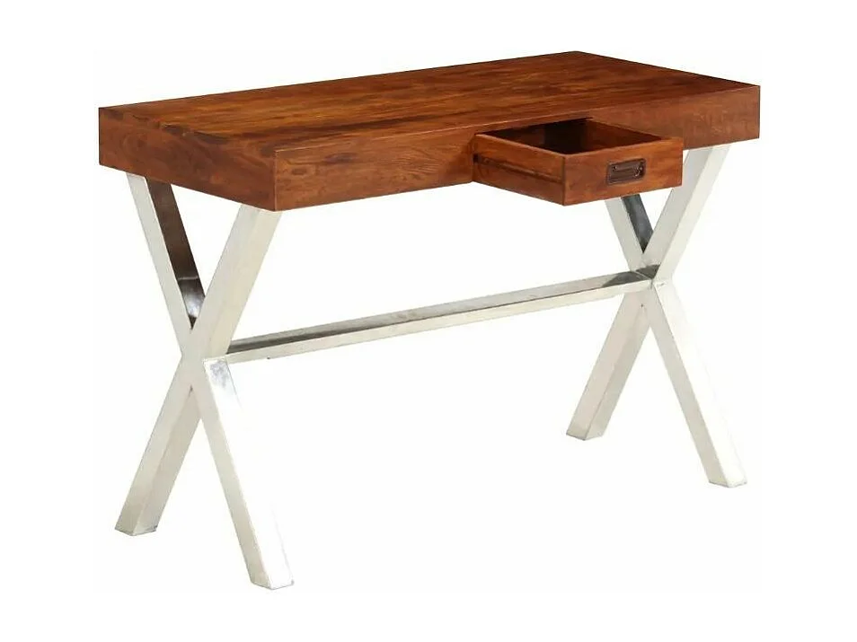 Bureau 1 tiroir acacia massif laqué métal argenté Valdy