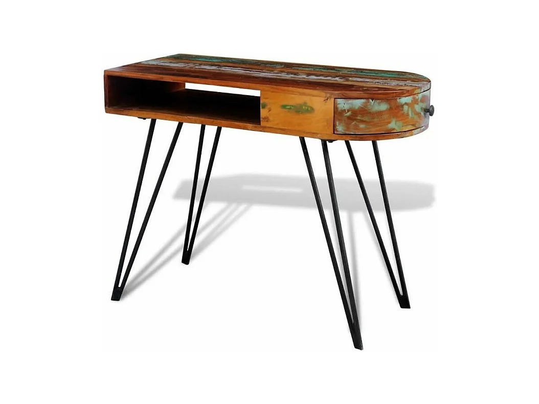 Bureau 1 tiroir 1 niche bois massif recyclé et métal noir Boust