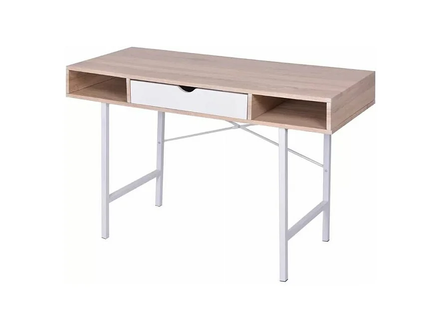 Bureau 1 tiroir 2 niches bois chêne clair et blanc et pieds métal Mistyk