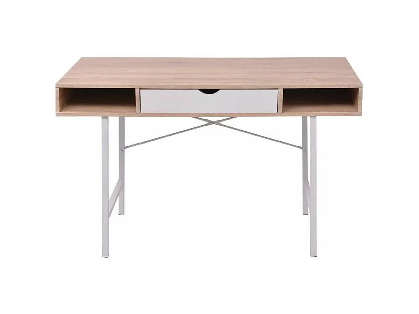 Bureau 1 tiroir 2 niches bois chêne clair et blanc et pieds métal Mistyk