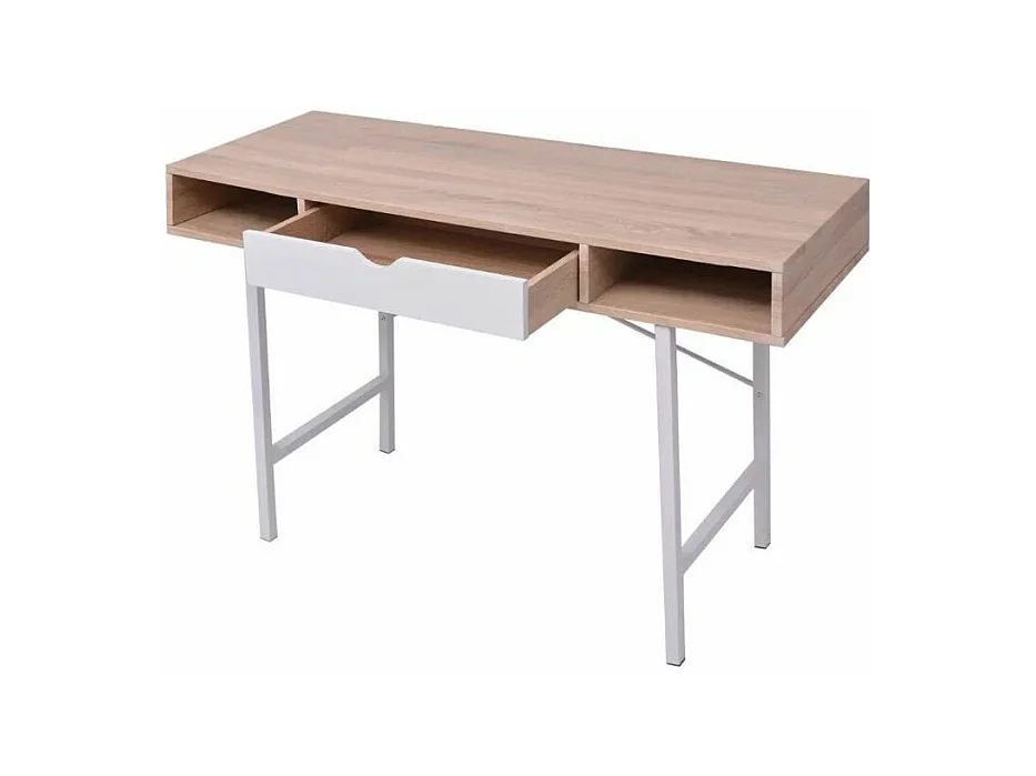 Bureau 1 tiroir 2 niches bois chêne clair et blanc et pieds métal Mistyk