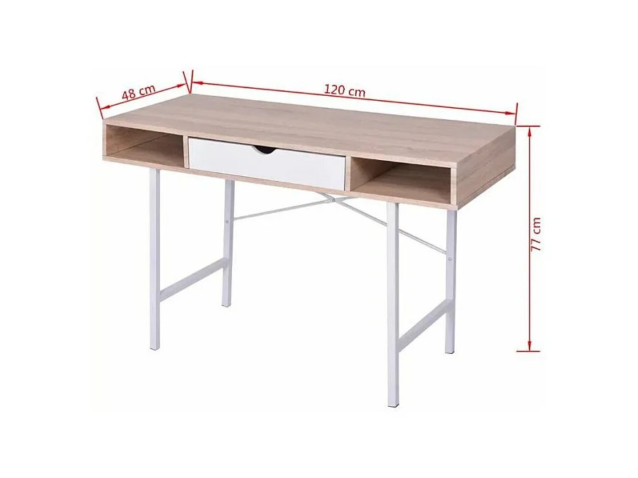 Bureau 1 tiroir 2 niches bois chêne clair et blanc et pieds métal Mistyk