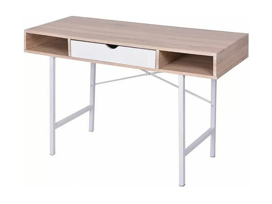 Bureau 1 tiroir 2 niches bois chêne clair et blanc et pieds métal Mistyk