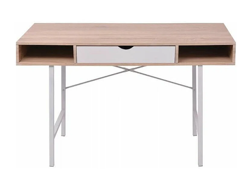 Bureau 1 tiroir 2 niches bois chêne clair et blanc et pieds métal Mistyk