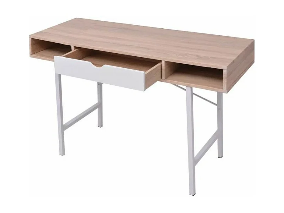 Bureau 1 tiroir 2 niches bois chêne clair et blanc et pieds métal Mistyk