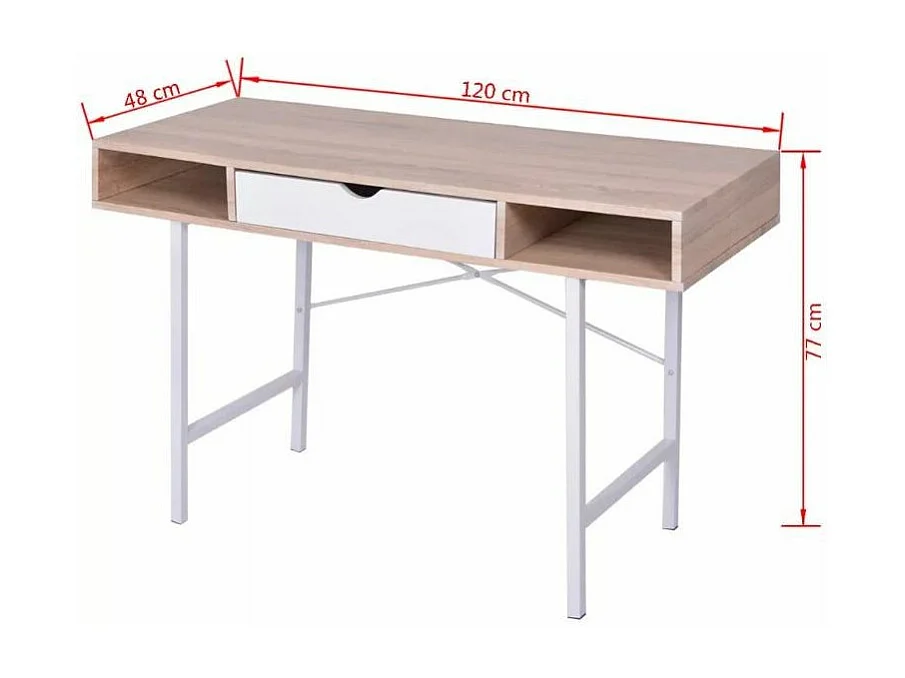 Bureau 1 tiroir 2 niches bois chêne clair et blanc et pieds métal Mistyk