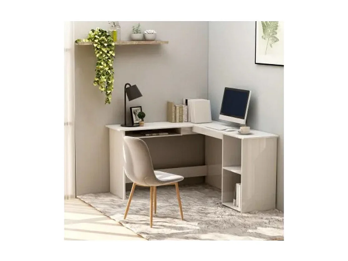 Bureau d'angle 1 tiroir 2 étagères bois blanc brillant Jayden