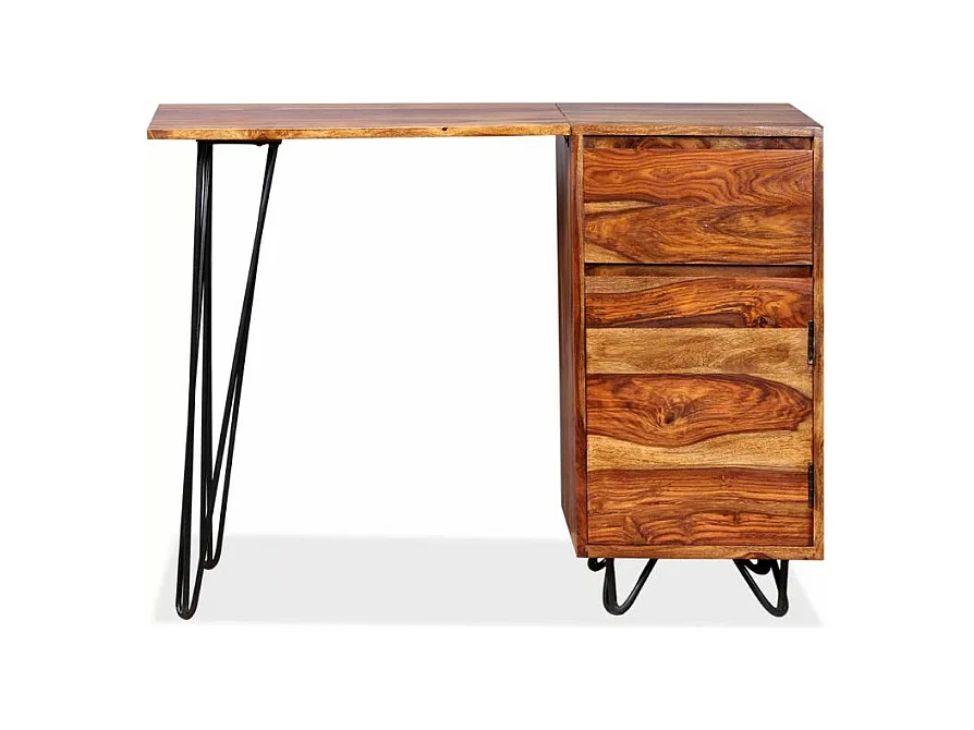 Bureau 1 porte 1 tiroir sesham massif foncé et métal noir Tex