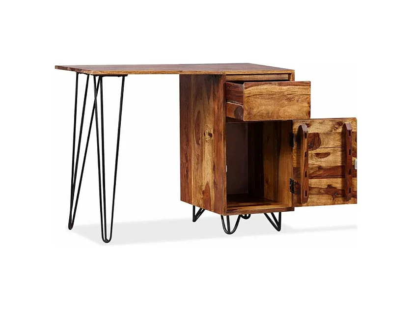 Bureau 1 porte 1 tiroir sesham massif foncé et métal noir Tex