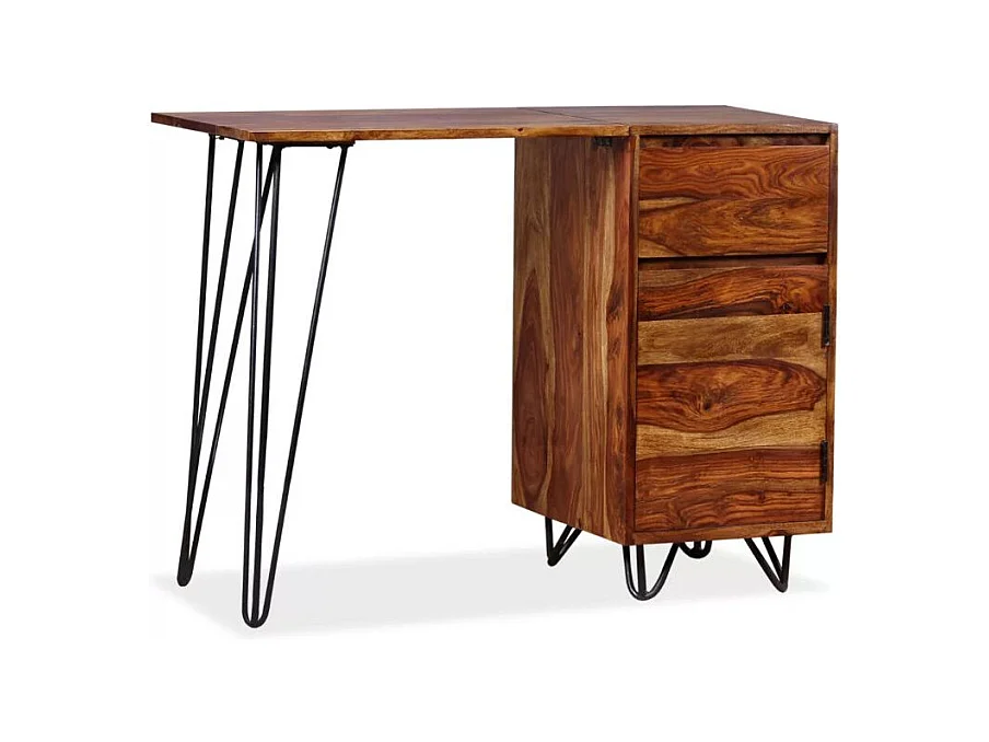 Bureau 1 porte 1 tiroir sesham massif foncé et métal noir Tex