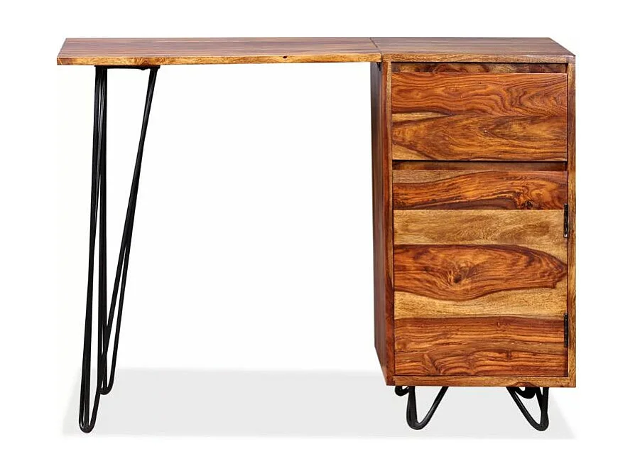 Bureau 1 porte 1 tiroir sesham massif foncé et métal noir Tex